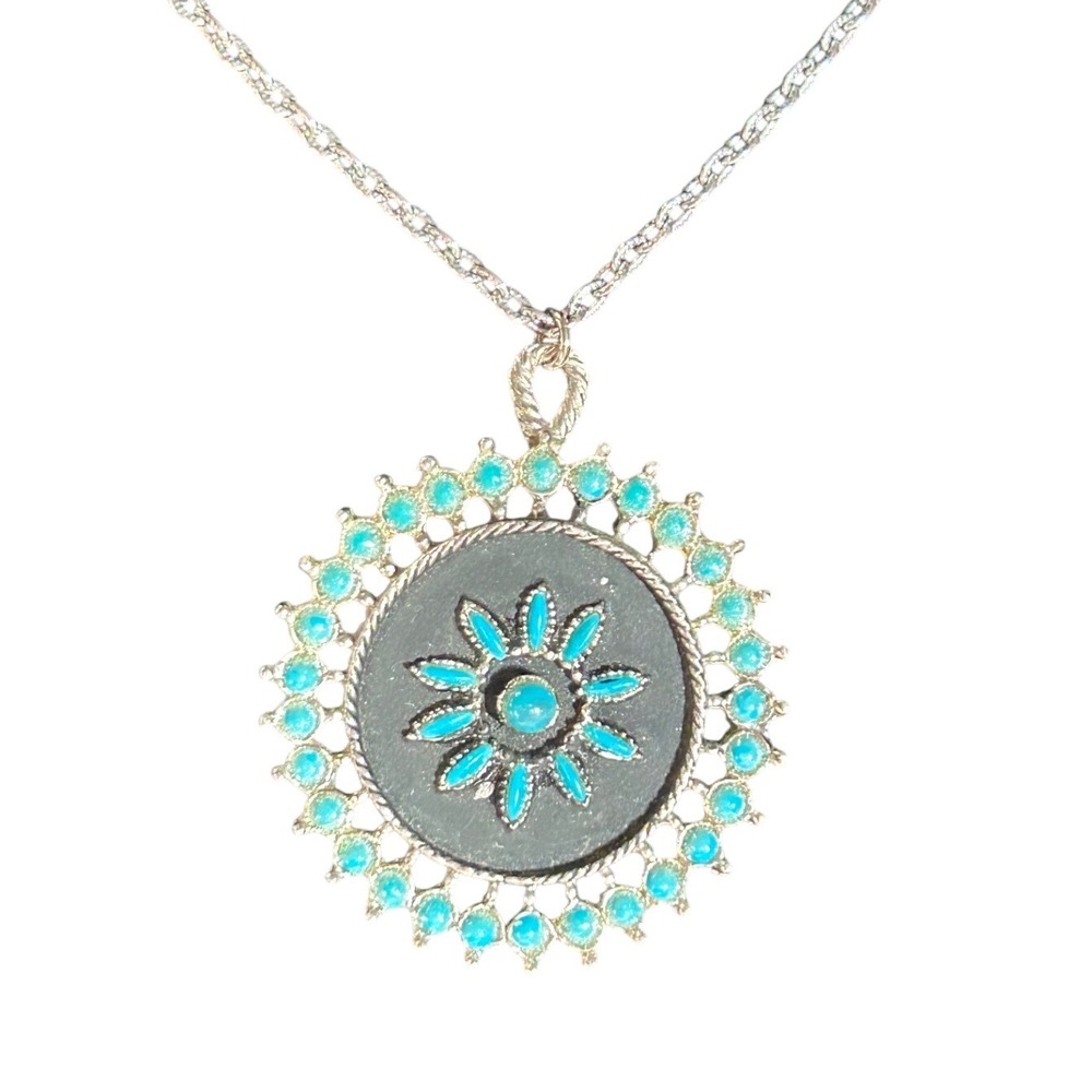 Vintage Southwestern Turquoise Style Sunburst Medallion Necklace Silver Tone 24"